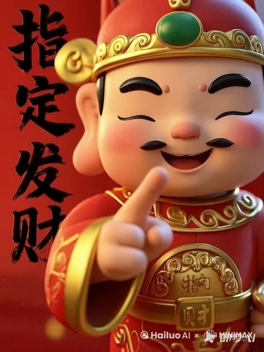 财神拿着元宝的手伸出屏幕，把元宝从屏幕里递出来，放到我的手上，真实环境，动作自然 by Hailuo AI Video Generator