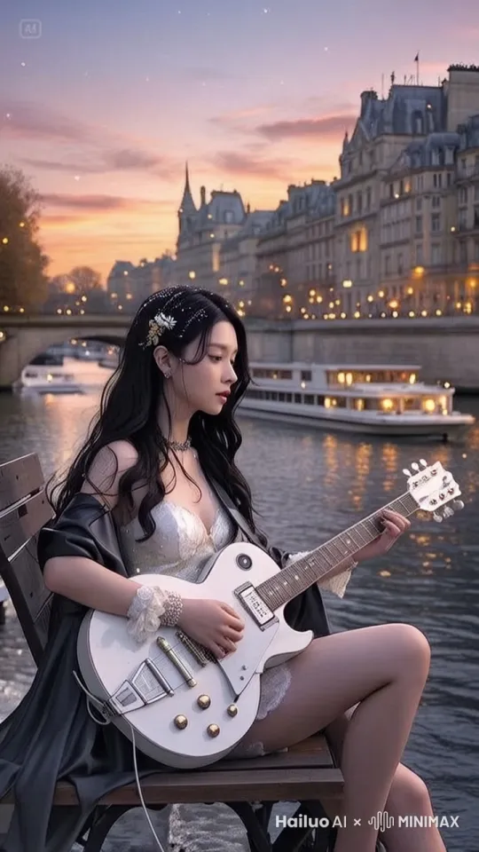 美女双手弹吉他，专注，手指动作灵活 by Hailuo AI Video Generator