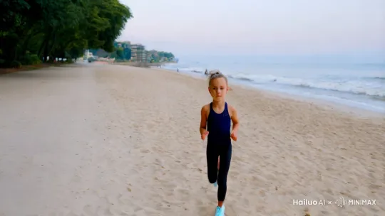 A fit and beautiful girl is running vigorously on the path of the beach in the early morning. The camera slowly pushes in from behind the girl, giving a close-up of her energetic steps for about 2 seconds. Then the camera pans and follows the shoot, showing the girl's graceful figure and the hair fluttering with the wind in the medium shot for about 3 seconds. Then the camera rises slightly, taking a close-up of the glistening sweat beads on the girl's face and her determined expression for about 1 second. Finally, the camera quickly pulls away, presenting a panoramic view of the girl running on the shady path of the park. The picture tone is fresh and bright. Around, birds are chirping, creating an atmosphere full of vitality and vigor. by Hailuo AI Video Generator