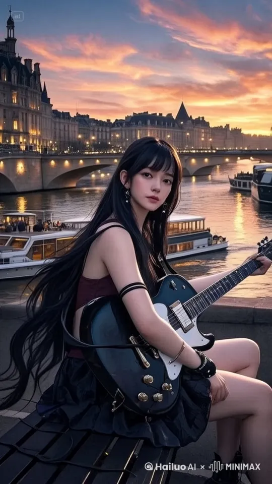 美女双手弹吉他，专注，手指动作灵活 by Hailuo AI Video Generator