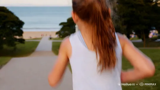 A sex andbeautiful girl is running vigorously on the path of the beach in the early morning. The camera slowly pushes in from behind the girl, giving a close-up of her energetic steps for about 2 seconds. Then the camera pans and follows the shoot, showing the girl's graceful figure and the hair fluttering with the wind in the medium shot for about 3 seconds. Then the camera rises slightly, taking a close-up of the glistening sweat beads on the girl's face and her determined expression for about 1 second. Finally, the camera quickly pulls away, presenting a panoramic view of the girl running on the shady path of the park. The picture tone is fresh and bright. Around, birds are chirping, creating an atmosphere full of vitality and vigor. by Hailuo AI Video Generator