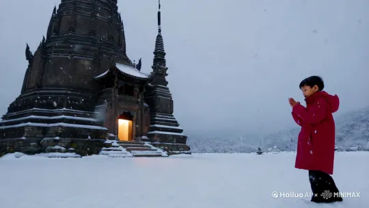 男孩，寺庙，大雪，拜佛 by Hailuo AI Video Generator