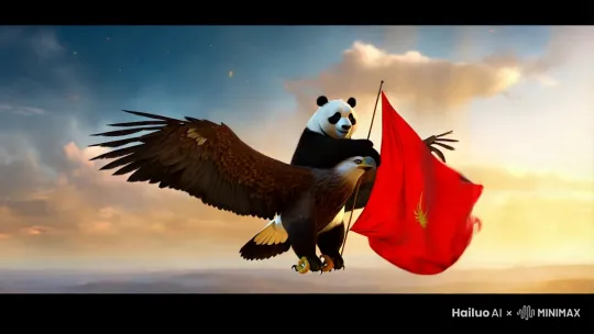 熊猫拿红旗骑着老鹰在天空飞翔 by Hailuo AI Video Generator