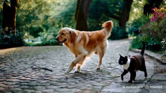 狗狗和猫猫一起散步 by Hailuo AI Video Generator
