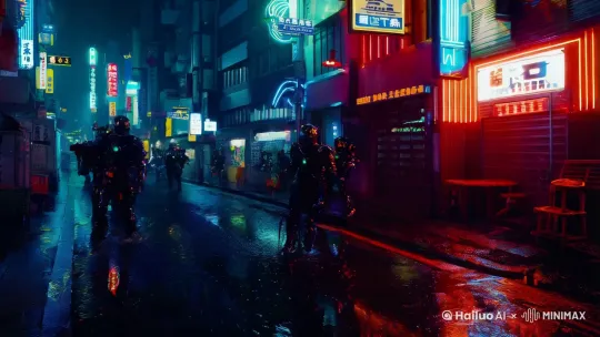 霓虹灯下的赛博朋克武士，东京雨巷，银翼杀手美学 by Hailuo AI Video Generator