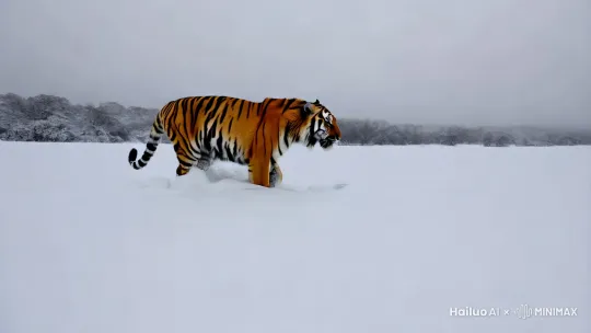 雪景里奔跑的老虎 by Hailuo AI Video Generator