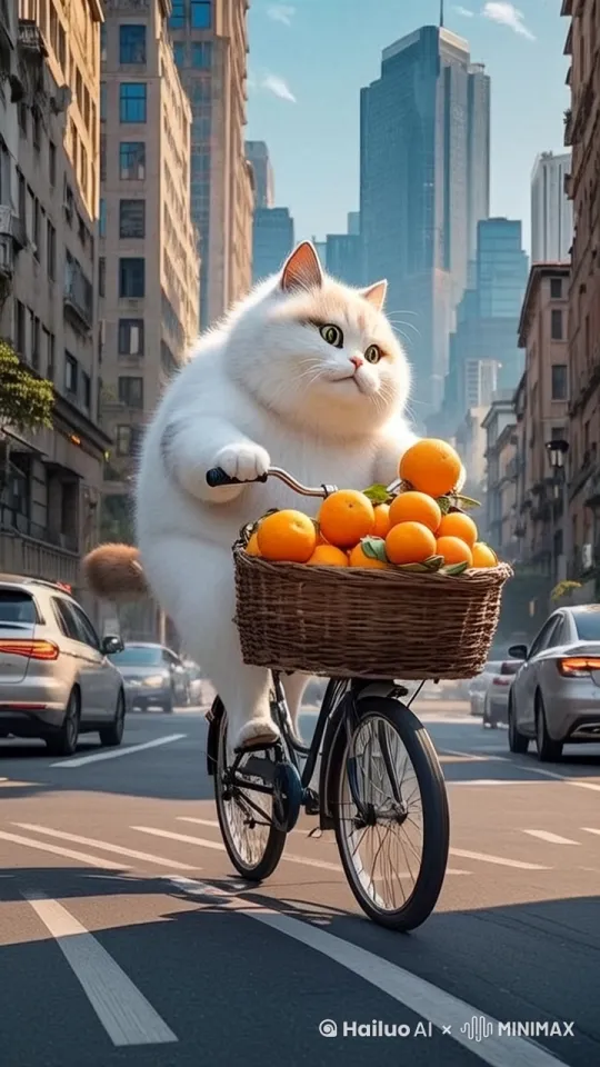 神奇的猫驮着橙子一路骑着自行车往街上去售卖，镜头逐渐推进。 by Hailuo AI Video Generator