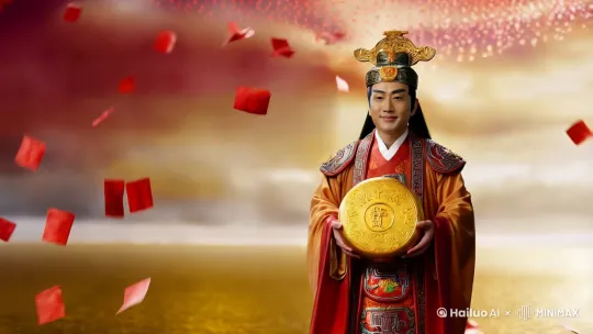 财神抱着金元宝在像屏幕走来，并且天上还下着红包雨 by Hailuo AI Video Generator