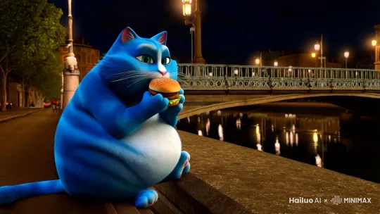 一只蓝色的胖猫在夜晚的大桥边吃汉堡 by Hailuo AI Video Generator