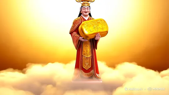 

“中国的财神爷”
“身着华丽服饰的中国的财神”
“财神怀抱大元宝”
‌动作与姿态‌：

“财神稳稳地抱住大元宝，神情喜悦”
‌

“巨大的金色元宝”
“无数小元宝从天而降”
“小元宝如雨滴般倾泻而下”
‌

“在金色的背景下”
“财神站在云端之上”
“四周被金色的光芒笼罩”

“小元宝不断从上方飘落”
“元宝雨纷纷扬扬，美不胜收”
“财神轻轻挥动手中的大元宝，引发元宝雨”
  请用这些关键词生成视频 by Hailuo AI Video Generator