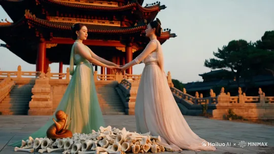 一个田螺变成一个美女，一堆白骨也变成一个美女，她们手牵手走到关帝庙前，寻求庇护 by Hailuo AI Video Generator