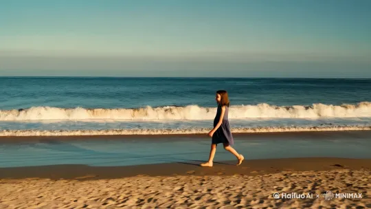 一个女孩在海边走，海浪拍打这岸边[左移,上升] by Hailuo AI Video Generator