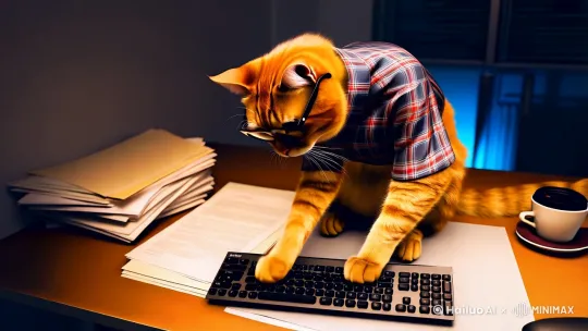 电影级数字合成风格，一只金渐层猫咪化身程序员，身着经典格子衬衫，鼻梁上架着黑框眼镜，侧身端坐在电脑前。桌上堆积如山的文件，咖啡杯。金渐层猫咪用肉垫般的爪子持续敲击着键盘，背景是昏黄灯光下的现代办公室一角，窗外夜幕低垂，营造出深夜加班的独特氛围。微距镜头捕捉金渐层猫咪每一个专注的细节。 by Hailuo AI Video Generator