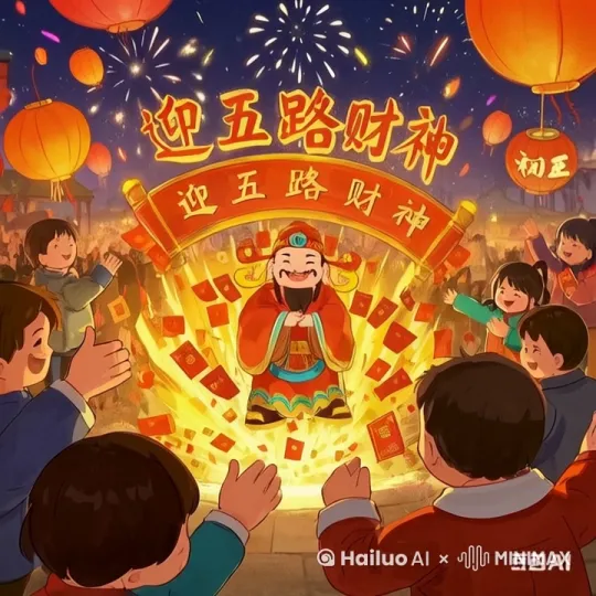 初五迎财神，用五路财神制作一段祝福视频发朋友圈 by Hailuo AI Video Generator