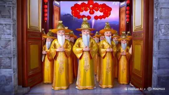 大清早一开门，正月初五财神集体像大家拜年视频，财神们露出满脸笑容，并像大家说“祝2025年发大财，行大运” by Hailuo AI Video Generator