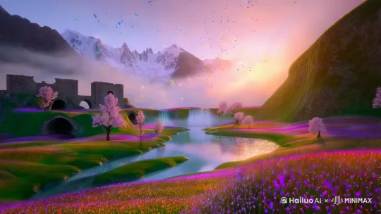 【清晨魔法山谷】4K超现实自然场景，360°环绕视角，晨雾弥漫的隐秘山谷中铺满彩虹色野花田，花瓣随风形成螺旋状光粒飘带。中央水晶溪流折射出极光般波纹，水面漂浮着半透明的发光蒲公英。背景处瀑布从翡翠色岩壁坠入云海，成群蓝紫色凤蝶组成流动的光带穿梭于樱花树间。镜头缓缓拉升，露出远处被金色晨光笼罩的雪山尖顶，云层中隐约可见古代石桥遗迹。超广角镜头下所有植物叶脉散发柔光，空气中漂浮着蜂蜜色的星形光斑，采用柔焦处理与动态模糊效果，色彩饱和度增强30%，画面充满宁静而神秘的生命力。 by Hailuo AI Video Generator