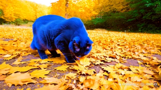 毛色为蓝的胖胖的猫咪，吃地上金色的落叶 by Hailuo AI Video Generator