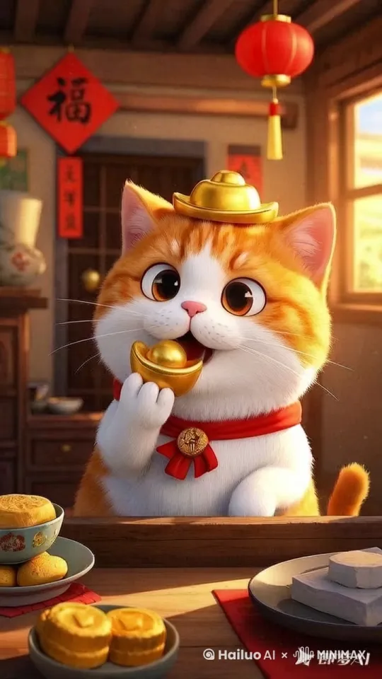猫咪摇尾巴，把金元宝往嘴里送 by Hailuo AI Video Generator