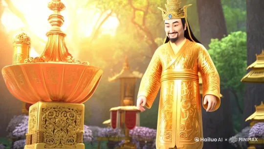 财神爷手一挥把小猫咪穿上了财神爷一样的衣服，变化的过程中，有魔法金沙的感觉，变完之后，财神爷给大家赐福，猫咪可爱萌萌的叫了一下 by Hailuo AI Video Generator