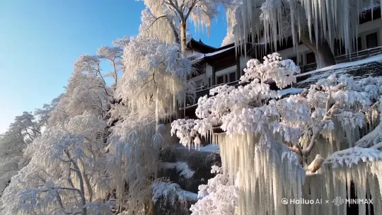 泰山的主要自然景观包括雾凇、雪凇、云海玉盘等。雪后的泰山,雾凇和雪凇装饰着古树和建筑,形成了一幅梦幻般的冰雪王国景象。雾凇依附在古树上,宛如银花盛开,而雪凇则像棉花糖挂在枝头,给泰山披上了一层厚厚的白色绒毯。此外,泰山的山峰在云雾中若隐若现,仿佛海中仙岛,阳光洒下时,云海折射出五彩光芒,美不胜收 by Hailuo AI Video Generator