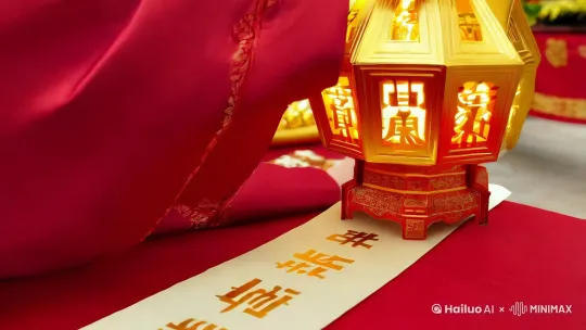 【分镜设计】
0-3秒：
镜头1（特写）：一双戴着金戒指的手缓缓展开红底金字的"迎财神"卷轴（背景音：轻微爆竹音效）

3-6秒：
镜头2（中景）：身着唐装的中年人手持金元宝造型灯笼（灯笼转动时浮现"招财进宝"字样特效）

6-9秒：
镜头3（全景平移）：传统八仙桌摆满元宝造型糕点+金桔+竖立金币巧克力（自然光拍摄避免迷信感）

9-12秒：
镜头4（动态特效）：手机屏幕出现"财神到"AR滤镜（用户比特定手势触发撒金币特效）

12-15秒：
收尾画面：红底烫金字幕"八方来财 家和业兴"（搭配传统锣鼓点收尾音效）

【执行要点】
1. 规避风险：
- 用3D动画爆竹替代真实爆竹画面
- 财富元素采用食品/装饰物等实体道具
- 文案避免直接"暴富"等敏感词

2. 中年适配：
- 选用绛红/鎏金传统配色
- 背景音乐使用《喜洋洋》民乐改编版
- 道具选择瓷器/木雕等传统工艺品

3. 互动设计：
- 结尾引导"比心手势接财运"
- 评论区预设"接财纳福"打卡模板
- 个人简介区设置财神表情包下载链接
年画风格动画+AI合成语音祝福（方言版更佳）
剪纸特效转场+动态书法题字 by Hailuo AI Video Generator