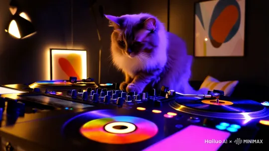 一只小猫在打碟。 by Hailuo AI Video Generator