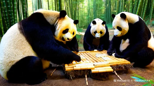 4只熊猫在竹林里打麻将 by Hailuo AI Video Generator