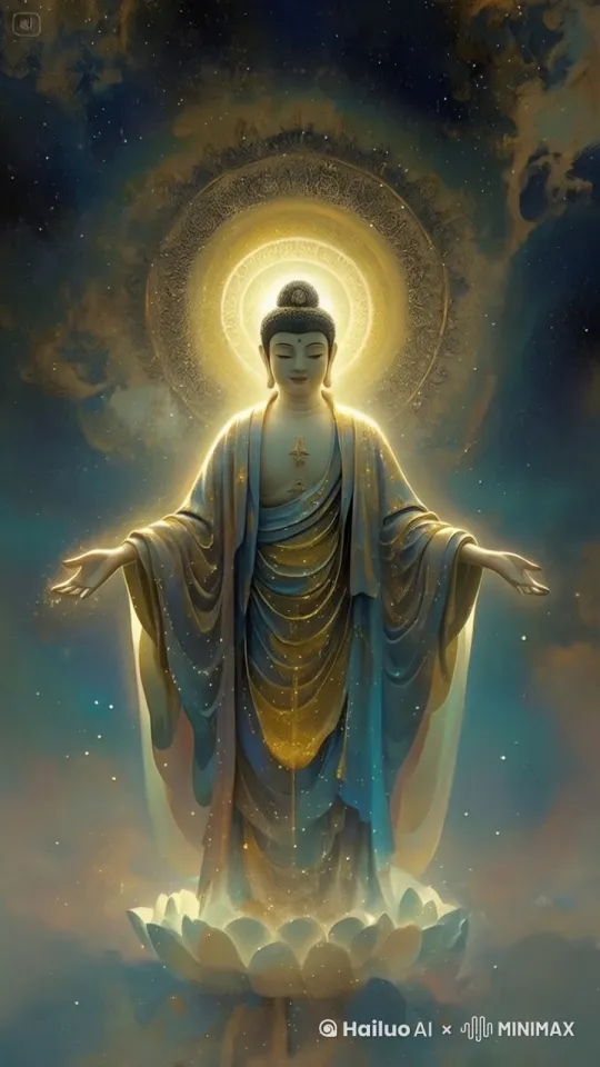 佛主双手合十，后背发光，画面流动 by Hailuo AI Video Generator