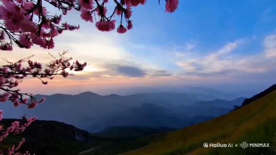 蓝天白云自由欢快地玩耍，晚风轻轻拂过半山腰的青草和桃花树，花儿随风飘荡而去。 by Hailuo AI Video Generator