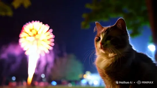 一只小猫坐着看前方的正在燃放的烟花 by Hailuo AI Video Generator