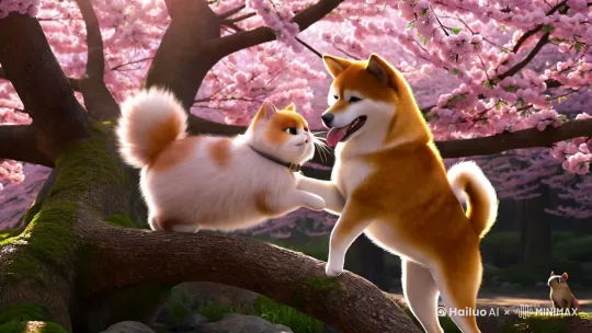 吉卜力风格，炸毛三花猫和吐舌柴犬在樱花古树上打闹，猫咪伸爪拍打狗狗鼻子，狗狗摇尾巴保持平衡，樱花花瓣和光斑飘落，绒毛细节8K高清，柔光滤镜，浅景深，温馨搞笑，画面角落有松鼠偷看  by Hailuo AI Video Generator