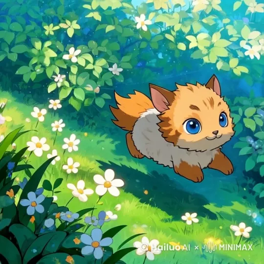 小猫在这片花丛草地中发现神秘发光物体，开启一段奇幻冒险 by Hailuo AI Video Generator