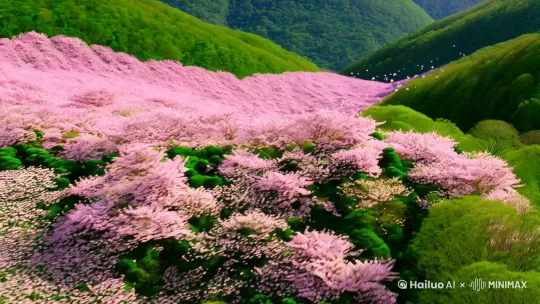 桃花开满群山，微风拂过山间的花海，飘落的花瓣随风起舞。 by Hailuo AI Video Generator