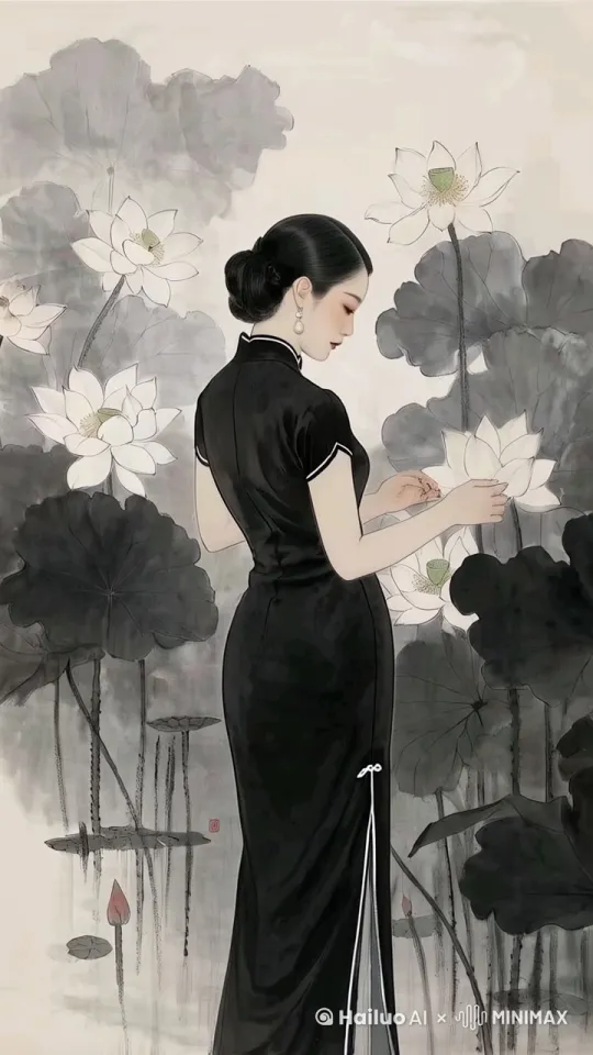 荷花轻轻摇曳。女子轻扭腰 by Hailuo AI Video Generator