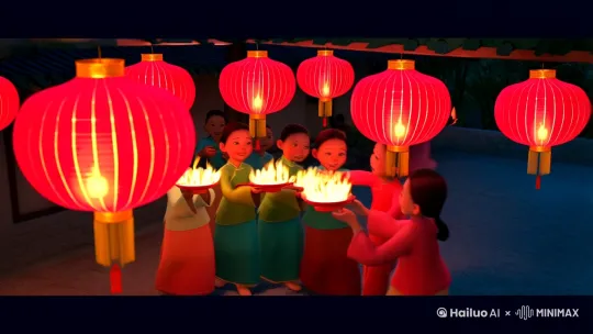 财神来到我家门，娃娃来点灯，今夜红色鞭炮声多财又多福，迎财神，迎财神，财神来我家里多财又多福。 by Hailuo AI Video Generator