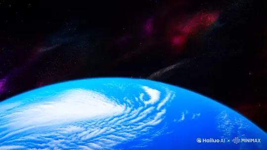 科幻电影风格，镜头聚焦于深邃宇宙背景下的蔚蓝色行星，其表面海洋波光粼粼，云层翻涌。突然，一艘充满未来科技感的巨大星际飞船从行星一侧高速掠过，船体闪烁着银色金属光泽，线条硬朗，结构复杂。镜头迅速跟随着飞船的轨迹移动，展现出飞船庞大的身躯和精细的机械细节，以及推进器喷射出的炽热光芒。画面背景是浩瀚星河，远处点缀着零星的恒星与星云。采用动感十足的跟踪镜头，营造出飞船急速穿梭的视觉效果。最后采用中远景，飞船推进器加大动力，急速飞走，镜头不动，飞船远去，强调飞船与行星的相对速度感。 by Hailuo AI Video Generator
