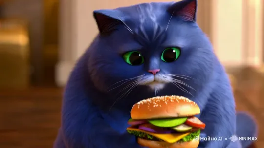 一只蓝色的胖猫在吃汉堡 by Hailuo AI Video Generator