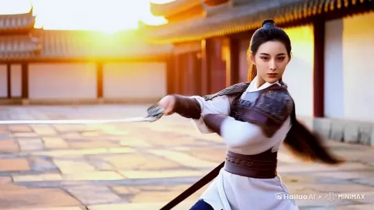 女将军正在舞剑，威风凛凛， by Hailuo AI Video Generator