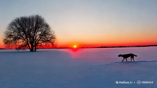 广袤的田野上覆盖着皑皑白雪，镜头左侧有一棵冬季的树木，面对着即将落下去的夕阳，白雪上反射出夕阳的红光，一只猎犬从右向左快速跑过，留下长长的影子。镜头再远一些。 by Hailuo AI Video Generator