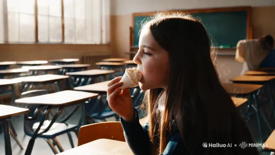 一个十六岁的高中女生在上课时在教室里舔白色的冰淇淋因为外面的太阳太大了 by Hailuo AI Video Generator