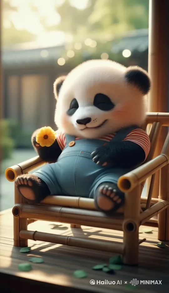 一只全身毛茸茸、憨态可掬的熊猫宝宝吃完饭后，悠闲地躺在竹椅上，闭眼享受片刻的安宁。背景是宁静的庭院，阳光斑驳，营造出惬意的氛围。 by Hailuo AI Video Generator