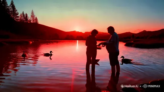 傍晚的夕阳红，洒落在深山里的鱼塘，映出一片片红色的波浪纹，爸爸妈妈在鱼塘边上，投喂着他们养的鸭子，鱼儿在鱼塘游来游去 by Hailuo AI Video Generator