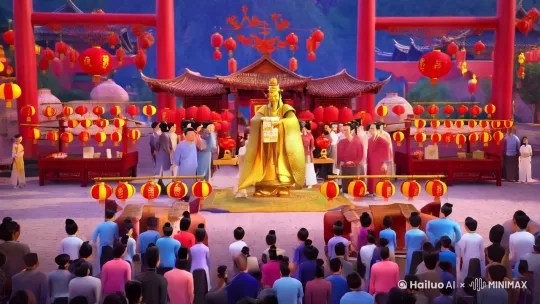 请帮我做一个郑州莱士血液制品有限公司初五的招财神动画视频，一分钟，加上logo，要有激情配乐，要有较深奥的哲理性旁白。 by Hailuo AI Video Generator