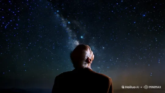 背景广阔的视频，在星辰大海中，一个沧桑的男人背对着镜头仰望星空 by Hailuo AI Video Generator