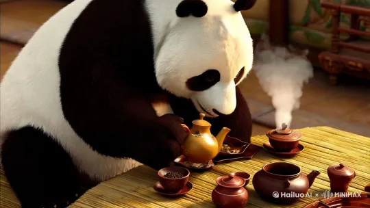 [场景1]
（熊猫坐在茶桌前，桌上摆放着茶具）
旁白：今天，我们的主角——熊猫，将为大家展示如何泡一杯正宗的功夫茶。

[场景2]
（熊猫拿起茶壶，开始烧水）
旁白：首先，我们需要烧一壶开水。

[场景3]
（熊猫将热水倒入茶壶中）
旁白：接着，将热水倒入茶壶中，唤醒沉睡的茶叶。

[场景4]
（熊猫用茶夹夹起茶杯，用热水冲洗）
旁白：用热水冲洗茶杯，保持茶具的洁净。

[场景5]
（熊猫将茶叶放入茶壶中）
旁白：现在，放入适量的茶叶。

[场景6]
（熊猫再次倒入热水，盖上茶壶盖子）
旁白：再次倒入热水，盖上盖子，等待茶叶泡开。

[场景7]
（熊猫将泡好的茶倒入小茶杯中）
旁白：将泡好的茶倒入小茶杯中。

[场景8]
（熊猫端起茶杯，细细品味，露出满足的表情）
旁白：最后，细细品味，享受这片刻的宁静。

[场景9]
（熊猫向镜头挥手）
旁白：谢谢观看，希望你喜欢这杯熊猫泡的功夫茶。 by Hailuo AI Video Generator