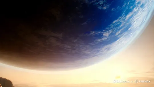 巨大摄影，低角度仰拍，科幻风格，天空中有个巨大的星球，一身科幻装备的人物从近处入画，缓慢走在荒芜的碎石地上，不远处是一个峡谷，峡谷中正有一只巨大的怪物缓缓站起，不寒而栗的压迫感！高清电影画质32K。 by Hailuo AI Video Generator