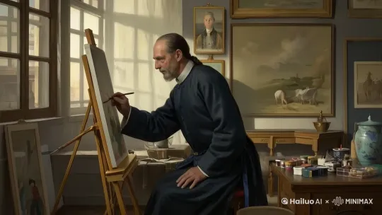 推进镜头、镜头落在墙上的画上、最后给墙上的画特写 by Hailuo AI Video Generator