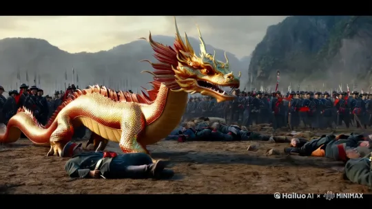 中国龙带着千军万马和美国，日本在战场厮杀，地上躺着身上写着美国，日本的士兵尸体 by Hailuo AI Video Generator