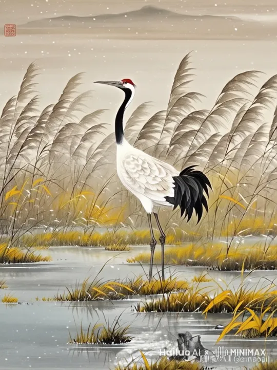 工笔画，水墨风，大面积留白，中式美学，秋天，芦苇荡，一只丹顶鹤鸣叫，在栖息，池塘，黄色，沼泽，水墨画风格 by Hailuo AI Video Generator