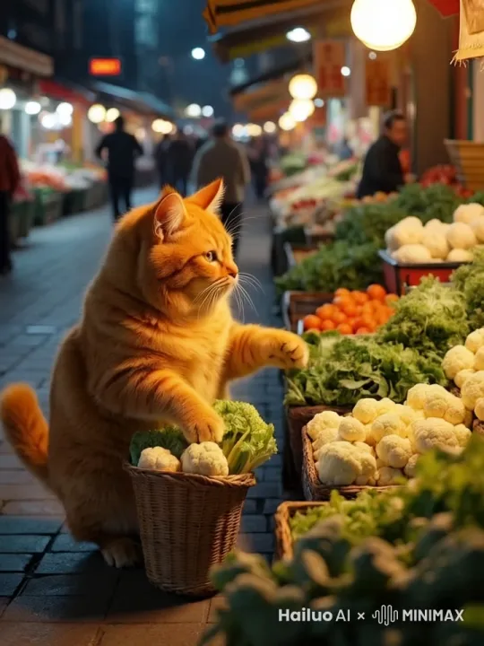 小橘猫在市场旁边挑挑拣拣着花菜。 by Hailuo AI Video Generator